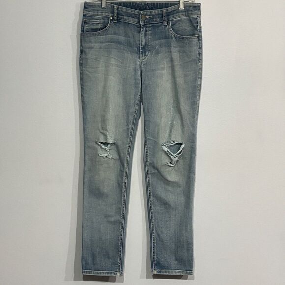 Chico's Denim - Chico’s Platinum Ultimate fit Tapered Distressed 0.5 Stretch Denim Blue Jeans